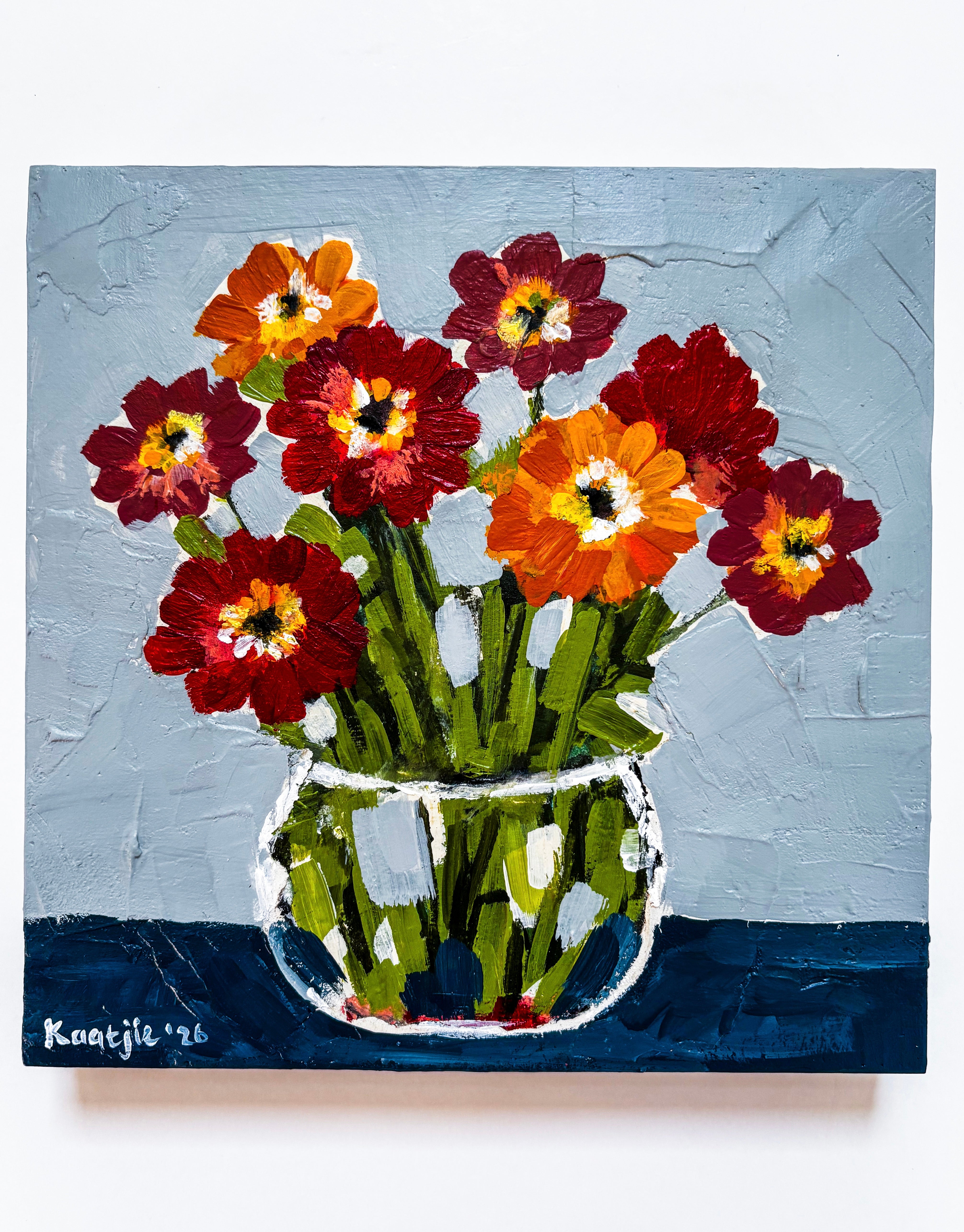 Hand-Painted Floral Vase Artwork on Wood | Colourful Mixed Media